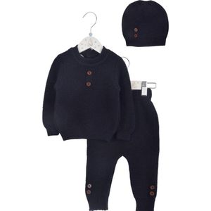 Minora Baby Winter Kledingset- Broek, Trui en Muts voor Jongens en Meisjes- Lange Mouwen Tops en Broek Sweatsuit Outfits Kleding- Bovenkleding en Broeken- Kraamcadeau - Babyshower-Newborn driedelige gestreepte-6/9 Maanden-Donker Blauw