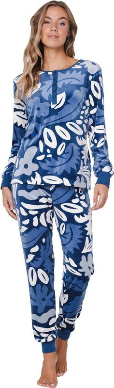 Pastunette - Blue Bloom - Pyjama/Huispak - Velours - Blauw - Maat 36