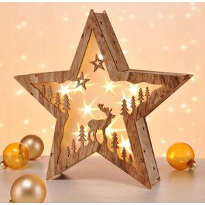 Houten kerstster decoratieve ledlamp 30 cm - Kerst rendier standaard verlichting - Warm wit - Batterijen - Kerstdecoratie