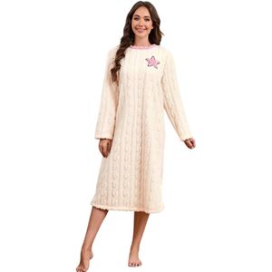 Flanellen Nachtjapon - Koraal - Warme Jacquard - Lange Mouw - Ronde Hals - Huiskleding