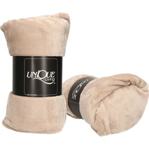Plaids/dekens - fleece - 2 stuks - beige - polyester - 130 x 180 cm