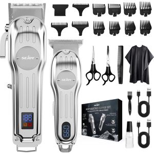 FIBILA Professionele Kappers Set - Elektrische Tondeuse - Tondeuse Set - Kaperset - Oplaadbare Draadloze Tondeuse - 2 Machines - Roestvrijstalen Scharen- LCD Scherm - Inclusief 11 Limietkammen - Zwart/Goud