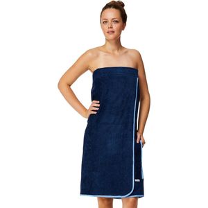 Saunakilt dames, 100% biologisch katoen, saunahanddoek met klittenbandsluiting en elastiek, saunahanddoek knielang, 80 x 130 cm, marineblauw/blauw