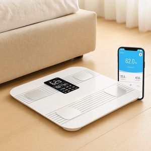 Fameilleur Smart Personenweegschaal met Lichaamsanalyse –wit- 15 Meetfuncties incl. BMI, Vetpercentage, Spiermassa & Hartslag – Bluetooth – App Compatibel – Zwart – Digitale Lichaamsweegschaal tot 180 kg
