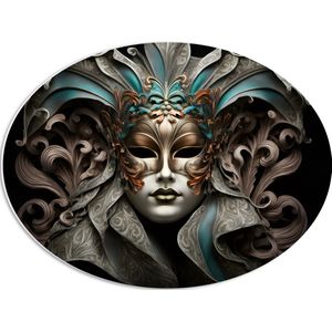 PVC Schuimplaat Ovaal - Wit Venetiaanse carnavals Masker met Blauwe en Gouden Details tegen Zwarte Achtergrond - 56x42 cm Foto op Ovaal (Met Ophangsysteem)