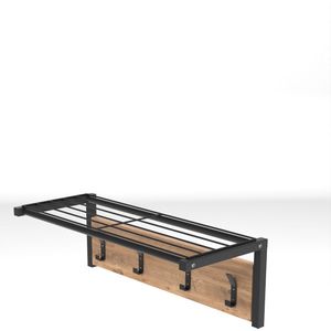 Metalen Wandhanger - Wandplank - Wandkapstok met Plank en 4 Haken - Metaal en Hout Bruin- 4x2 Haken - 21x61 cm