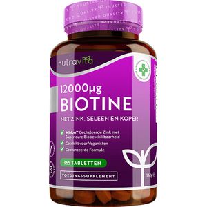 Nutravita Biotine haargroei supplement 12000mcg met zink, selenium en koper - Hoge Dosering Vegan biotine tabletten - ondersteunt de haar-, huid- en nagelgroei - 1 volledige jaarvoorraad