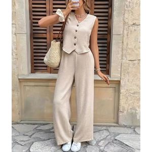 Chique en Sportief Mouwloze Crèmekleurige Luchtige Blazer met Elastische Broek – Elegante Tweedelige Set – Voor Dames maat L