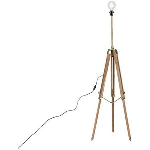 QAZQA Landelijke vloerlamp tripod hout met antiek messing - Cortin