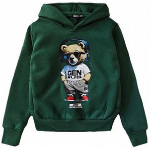 Hoodie Kinder met GENIUS beer capuchon maat 122/128 sweater kleur groen teddy bear zeer mooie kwaliteit!