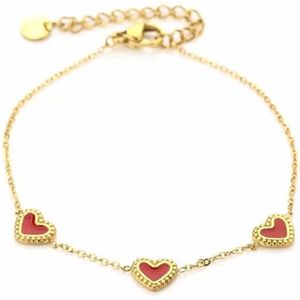 Bijoutheek Armband (sieraad) 3 Rode Hartjes Goud