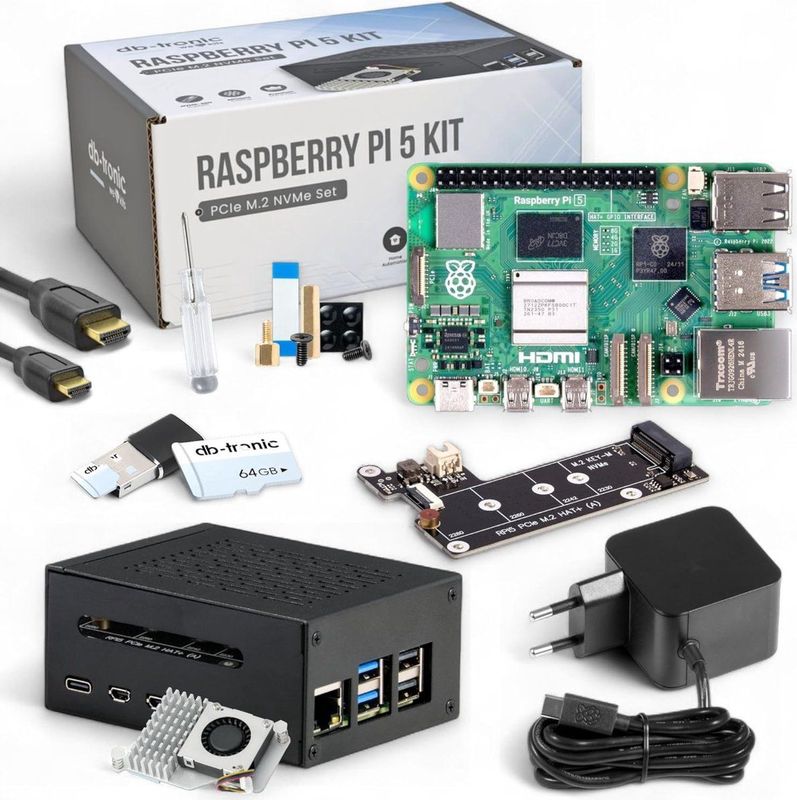 Raspberry Pi 5 4 GB PCIe M.2 NVMe - Set | Metalen behuizing | Actieve koeler | M.2 NVMe SSD PCIe-kaart | Officiële USB-C 27 W-voeding | 64 GB SD-kaart | 4K Micro HDMI