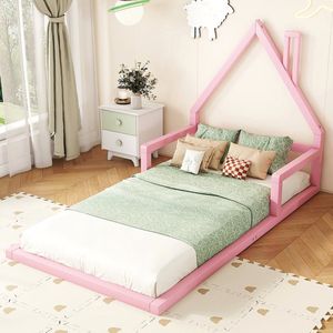 KOMHTOM Bed Kinderbed 90x200 cm kajuitbed Eenpersoonsbed huisvorm roze