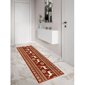 Vloerkleed 65x180cm - Kerst - Rood Oranje - Wasbaar Antislip - Laagpolig Zacht Tapijt- De Groen Home