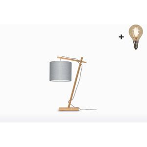 Tafellamp – ANDES – Naturel Bamboe - Lichtgrijs Linnen - Met LED-lamp