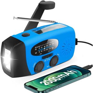 Noodradio met handzwengel en LED-zaklamp – AM/FM weerwaarschuwing radio – 2000 mAh powerbank – Zonne-energie & USB-oplaadbaar – Compacte draagbare noodradio voor kamperen, noodsituaties & stroomuitval – Multifunctionele weer radio – Blauw