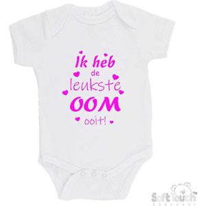 100% katoenen Romper ""Ik heb de leukste OOM ooit!"" Meisjes Katoen Wit/Fluor pink Maat 56/62