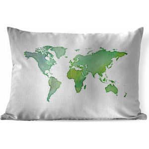 Sierkussens - Kussen - Wereldkaart gemaakt met waterverf en groene kleuren op een witte achtergrond - 60x40 cm - Kussen van katoen