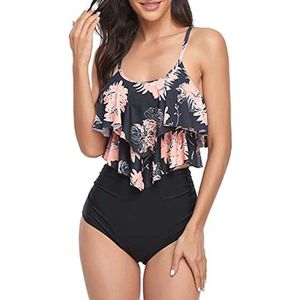 Tankini Badpak voor Vrouwen met Dubbele Ruches en Hoge Taille