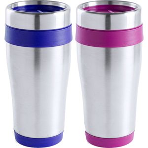 Warmhoudbekers/thermos isoleer koffiebekers/mokken - 2x stuks - RVS - donkerblauw en roze - 450 ml