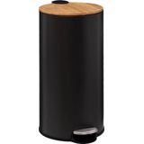 5Five prullenbak/pedaalemmer Bamboe - zwart - metaal - 30 liter - 38 x 29 x 60 cm - keuken