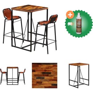 vidaXL 3-delige Barset massief gerecycled hout en echt geitenleer - Set tafel en stoelen - Inclusief Houtreiniger en verfrisser