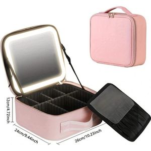 Make-Up Koffer - Beautycase - Opbergtas Make-Up - met verlichte LED Spiegel - draagbaar - duurzaam leer - 23 x 26 x 15 cm - Roze