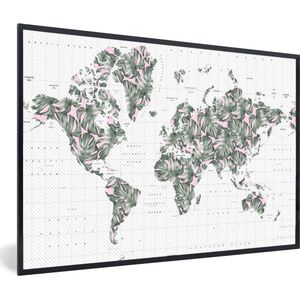 Fotolijst incl. Poster - Wereldkaart - Planten - Roze - 60x40 cm - Posterlijst
