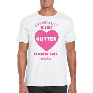Bellatio Decorations Gay Pride T-shirt voor heren - being gay is like glitter - wit/roze - LHBTI L