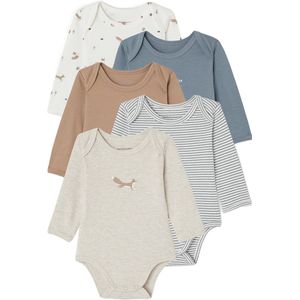 US - Set van 5 Rompertjes - Gemêleerd Beige - Biokatoen - Lange Mouwen