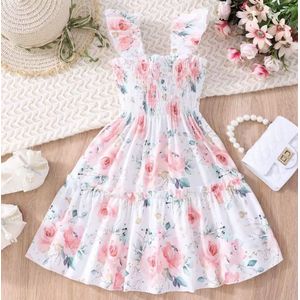 Jurk voor Meisjes 'Rose' - Maat: 104/110 - Kleur: Wit & Roze - Zomerjurkje voor Peuters & Kleuters - Kinderjurk - Meisjes Jurk - Zomer Jurk - Feest Jurk - Chique Jurk - Hoge Kwaliteit - Mooie Jurk voor Kinderen - Luxe Jurkje met Rozen / Roos
