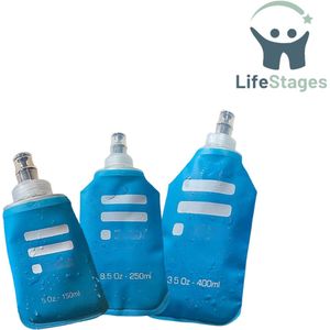 LifeStages - Soft Flask - Zachte Fles - 3 Set - 5oz (150ml), 8,5oz (250ml), en 14oz (400ml) - Krimpen Wanneer je Drinkt - Zachte Waterfles voor Hydration Pack - Opvouwbare Waterfles voor Hardlopen en Wandelen