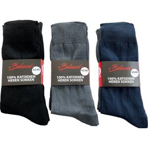 Belucci 100% katoenen heren sokken set van 9 paar assorti kleuren - grijs , marine en zwart maat 39/42