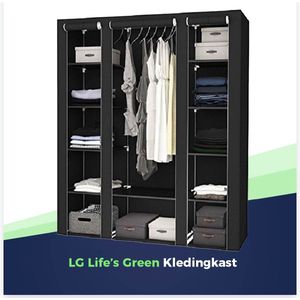 LG Life’s Green Opvouwbare Kleerkast – Kledingrek met 12 Legplanken en Ophangstang – Stoffen Kledingkast – 225KG Draagvermogen – 143x44x169CM – Zwart