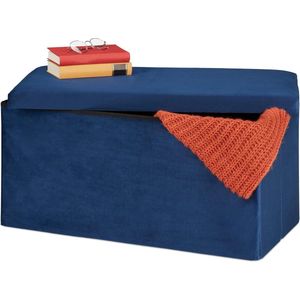 Opbergbank velours bekleding - 80 liter - halbank woonkamer - HxBxD 38 x 77 x 39 cm - stoffen zitbank - blauw