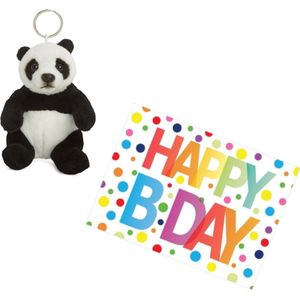 Pluche knuffel panda beer sleutelhanger 10 cm met A5-size Happy Birthday wenskaart - Verjaardag cadeau setje