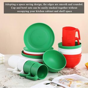 Plastic servies sets 24pcs voor 6, herbruikbare borden en kommen sets, schotel set omvatten diner borden, dessert bord, ontbijtgranen kommen, kopjes voor thuis, tuin, picknick, camping, wit, green, rood