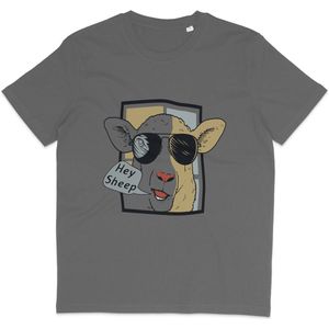 Grappig Dames en Heren T Shirt - Cartoon Schaap - Tekst: Hey Sheep - Grijs - XS