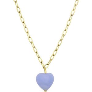 Lucardi Dames Ketting met hart blauwe agaat - Staal - Ketting - Cadeau - Moederdag - 45 cm - Goudkleurig