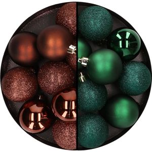 24x stuks kunststof kerstballen mix van donkerbruin en donkergroen 6 cm - Kerstversiering