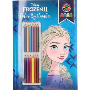 Kleurboek Frozen II met 12 kleurpotloden - kleuren op nummer Anna en Elsa