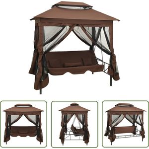 The Living Store Schommelbank met prieel converteerbaar koffiekleurig - Schommelbank - Tuinset - Lounge Set - Buitenshuis Meubilair - Tuinstoel