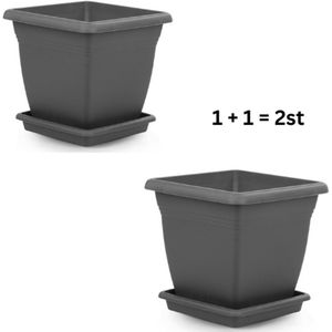 1+1 Vierkante- hoog - hoge - bloempot 26x25cm met wateropvang - antraciet - opvangschaal