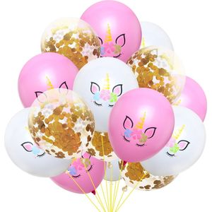 Ballonnen Unicorn verjaardag versiering set 15 stuks Eenhoorn ballonnen in wit, roze en goud met papieren confetti