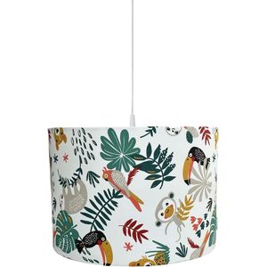 BINK Bedding Hanglamp/Lampenkap Zoë 30 cm inclusief pendel met vrolijke print van jungle dieren in rood, groen, geel en grijs op een witte ondergrond - jungle - tijger - leeuw - toekan - papegaai - luiaard - aap - jungle - kinderkamerverlichting