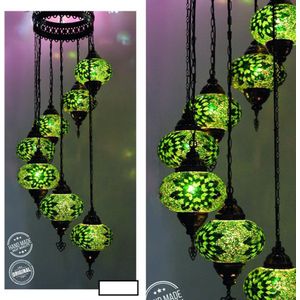 Turkse Lamp - Hanglamp - Mozaïek Lamp - 7 bollen - Groen - Authentiek handgemaakt design