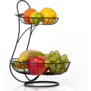 Fruitschaal - 2 Laags - Zwart - Fruitmand - Fruitmand Metaal - Etagère - Decoratie Schaal - Voor Fruit - 35.5x26x26 CM