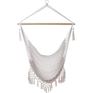 Intirilife Macrame katoenen hangstoel in beige met gefranjerde rand - Comfortabel, ruimtebesparend en ademend zitmeubel voor volwassenen en kinderen binnen en buiten