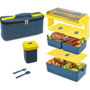 Uitneembare Vakken Lunchbox - Lekvrije Bento Box met Soepkopjes en Geïsoleerde Zak - Blauw