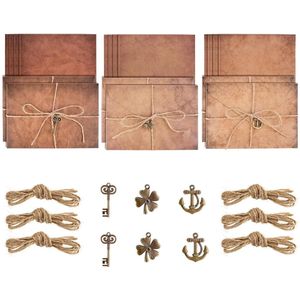 TRANKIELO® - Vintage briefpapier set met 12 vellen, 6 enveloppen en retro ornamenten - Kraftpapier en henneptouwen